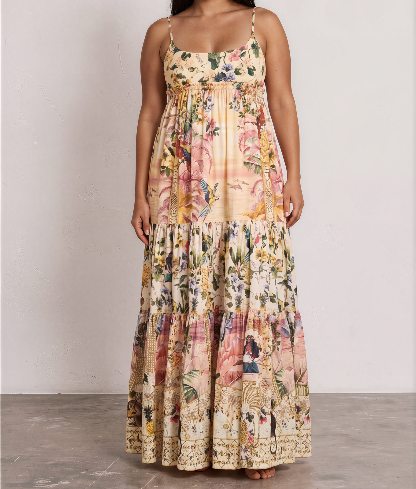 Front view of the CAMILLA x The White Lotus long dress with fitted jersey bodice, crystal embellished neckline and printed maxi skirt.