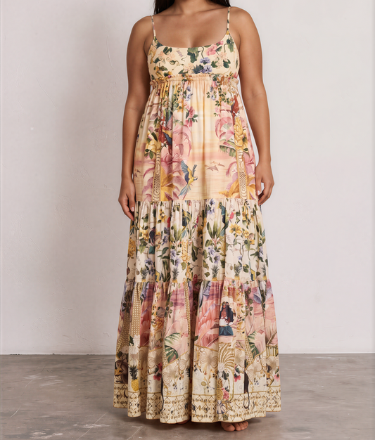 Front view of the CAMILLA x The White Lotus long dress with fitted jersey bodice, crystal embellished neckline and printed maxi skirt.