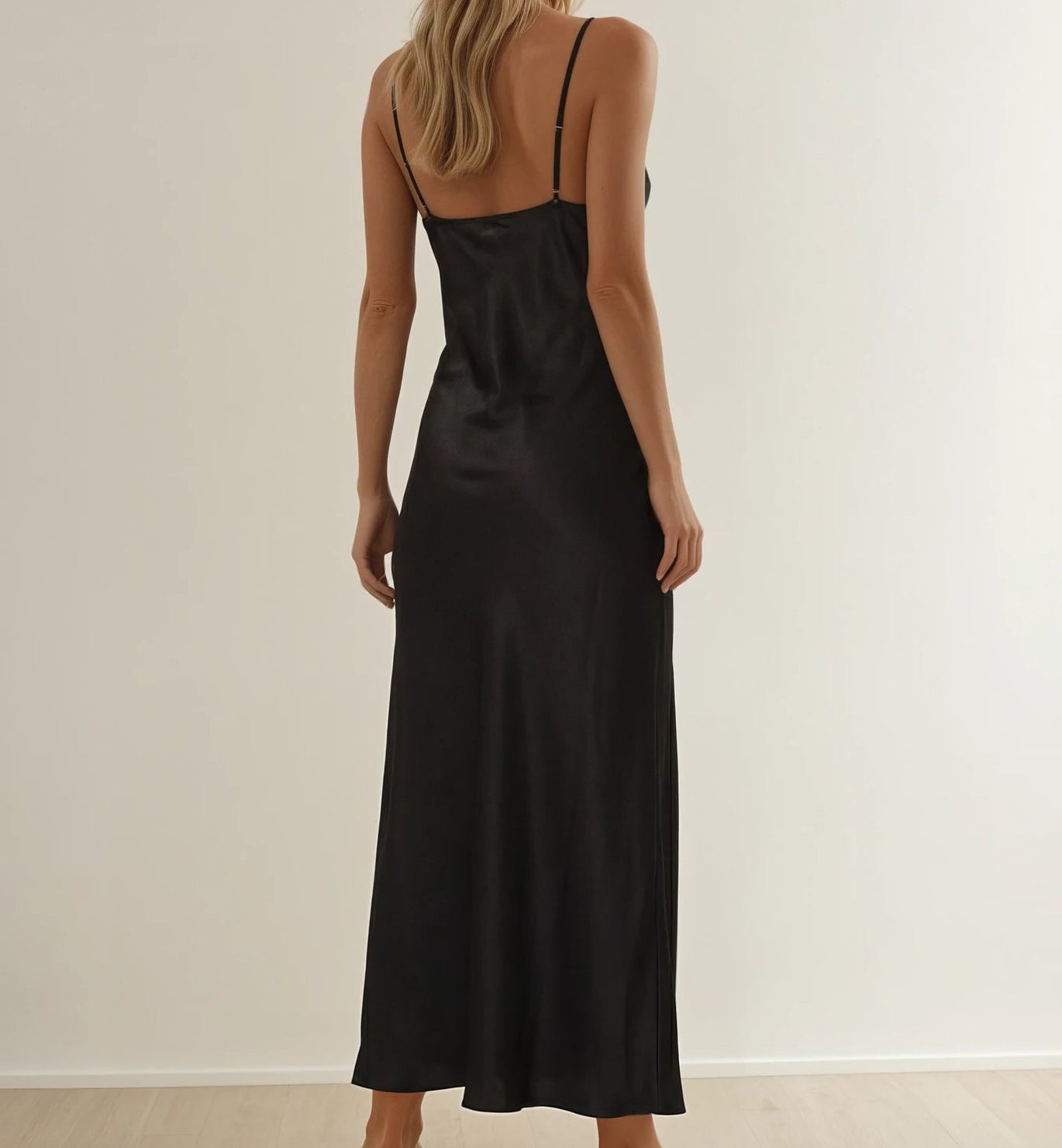 Back view of the Chloe & Lola slip midi dress, showing the adjustable straps and soft sheen.