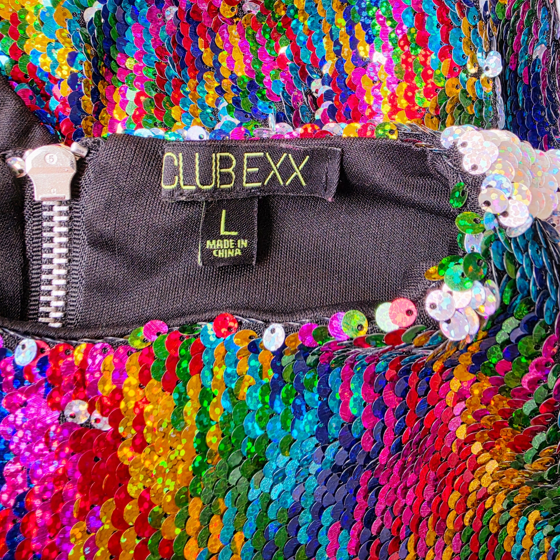 Club Exx size large label inside multicolour sequin bodysuit with black lining