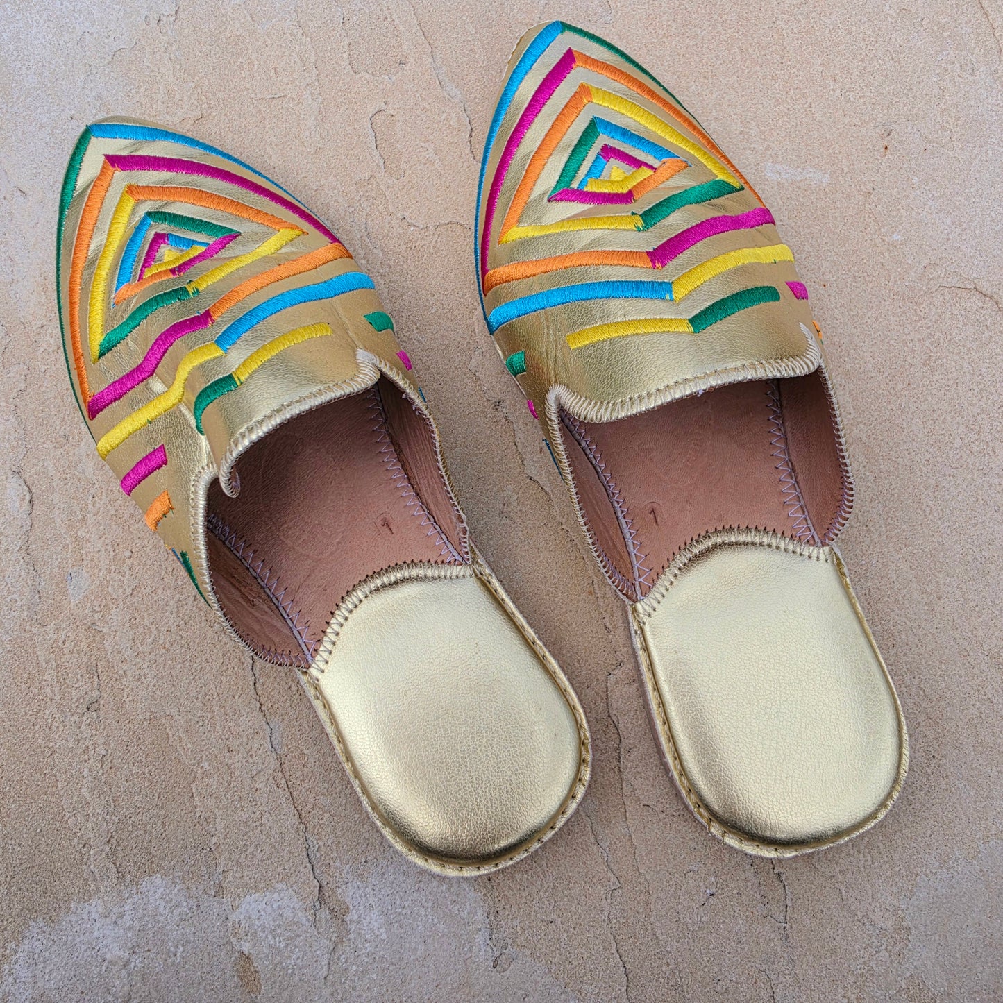 Top view of the Moroccan inspired Diamond brand embroidered slides.