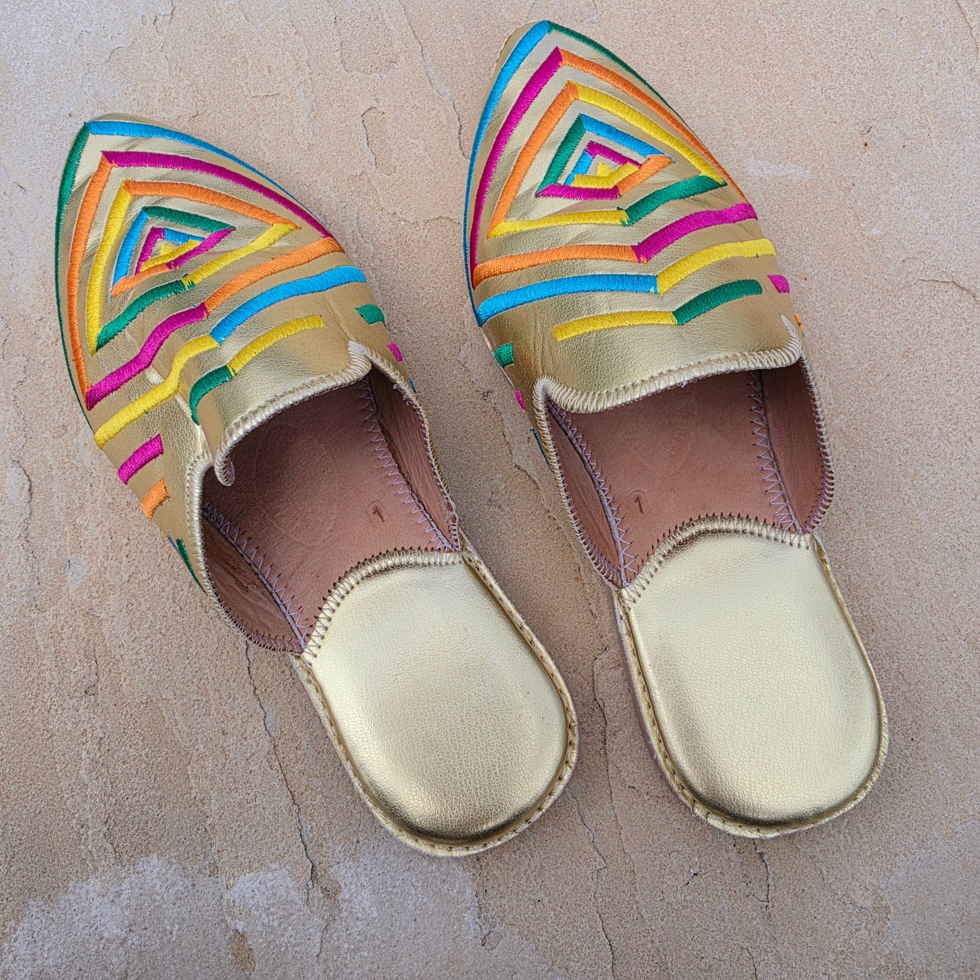 Top view of the Moroccan inspired Diamond brand embroidered slides.
