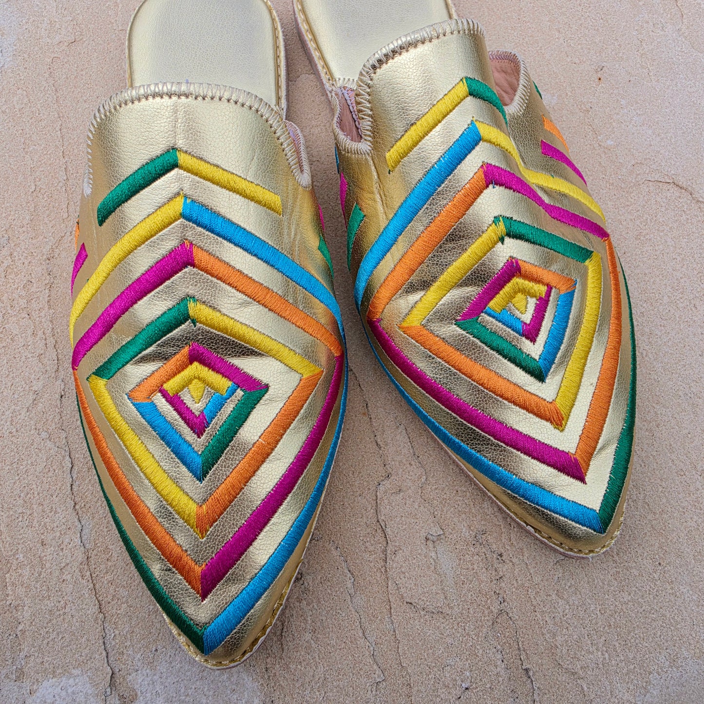 Image showing the front of the colourful embroidered Moroccan inspired Diamond brand slides.