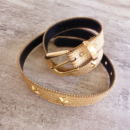 Vintage Elite Fresno California gold metallic belt with star studs and beaded edge