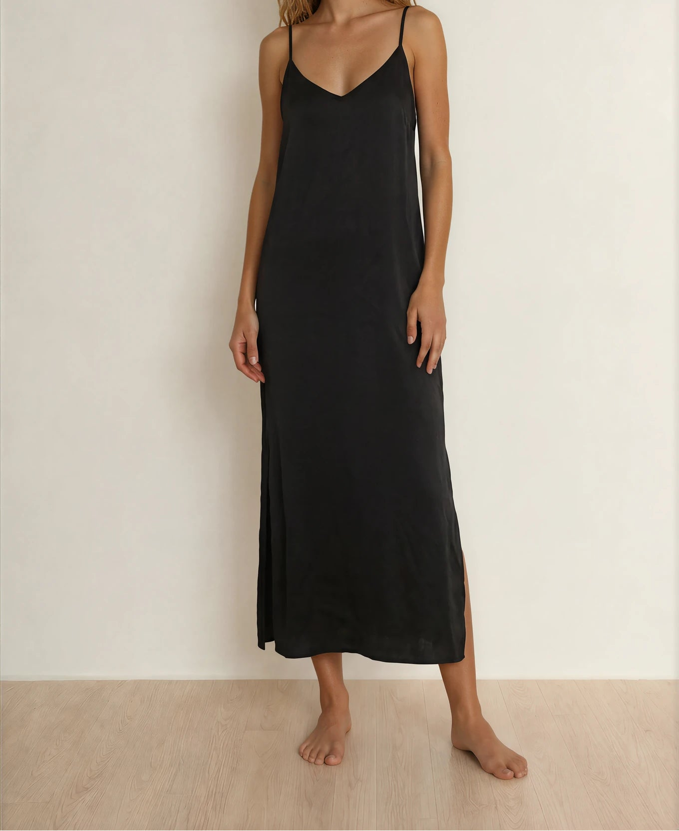 Front view of the Gracie Jack silk slip dress in black