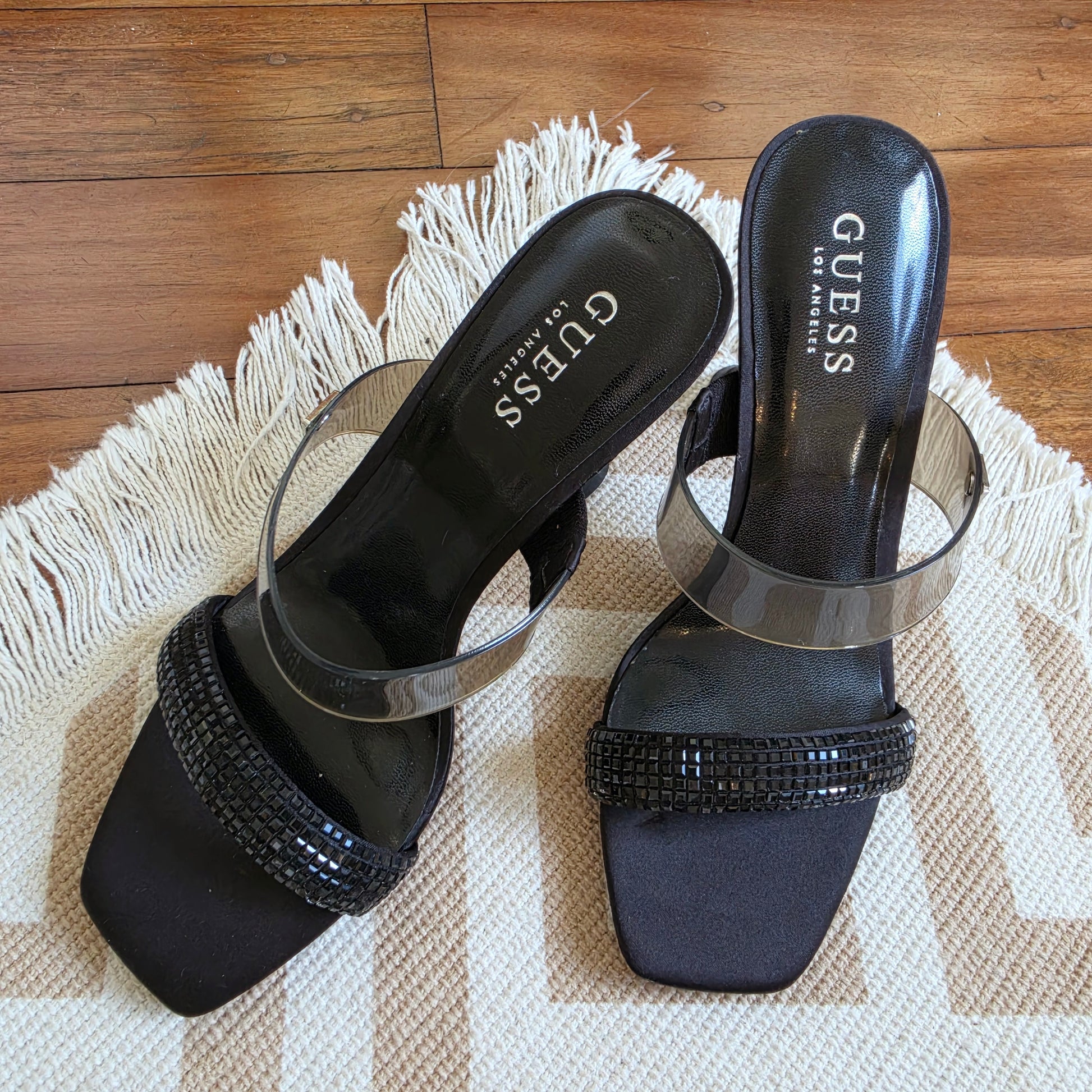 Guess black mule heels with embellished front strap detail