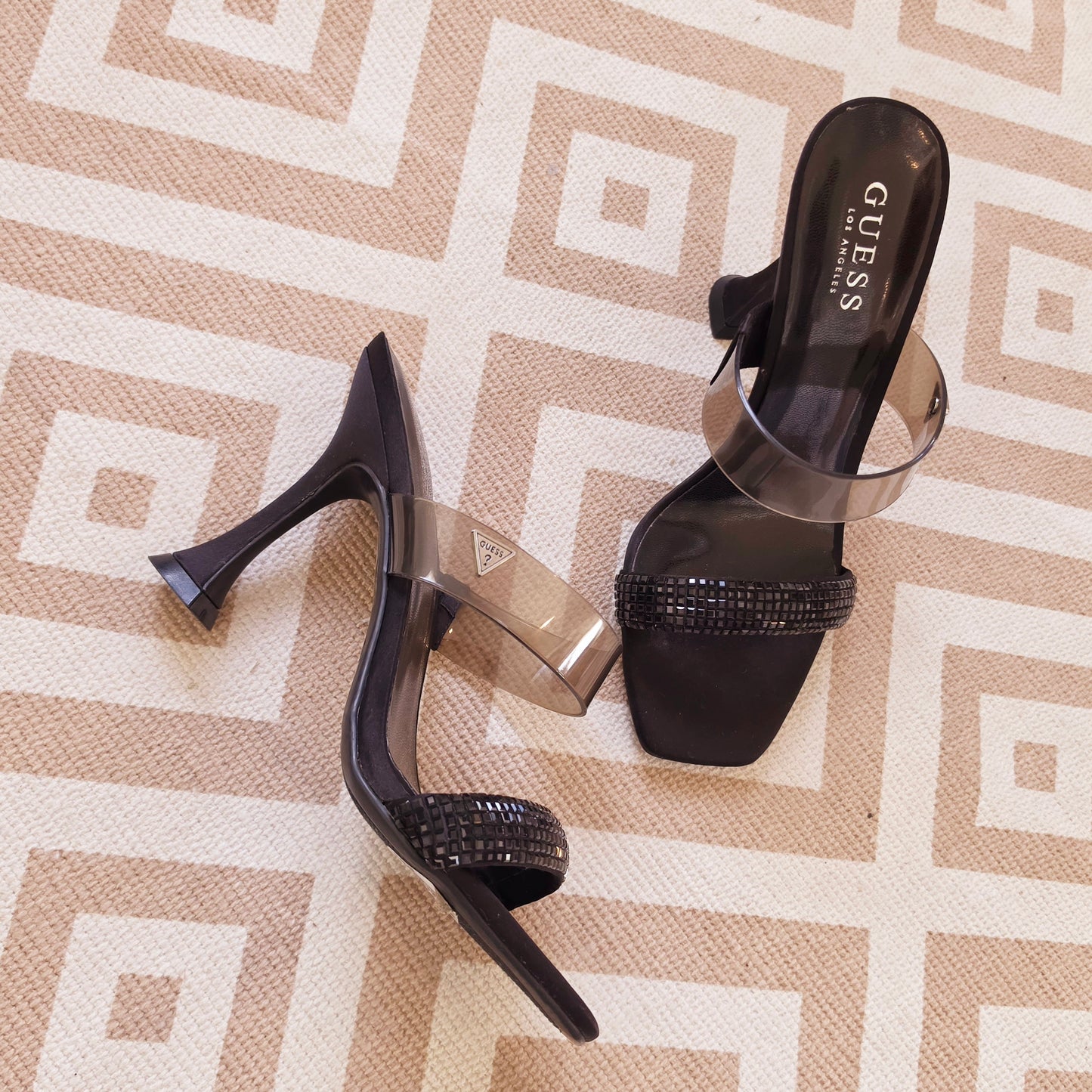Guess black heels with clear strap and square toe, size 7