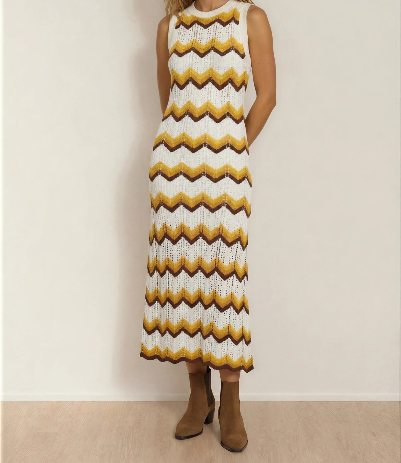 Lover Astrid midi dress size 6 front view sleeveless zig zag knit pattern