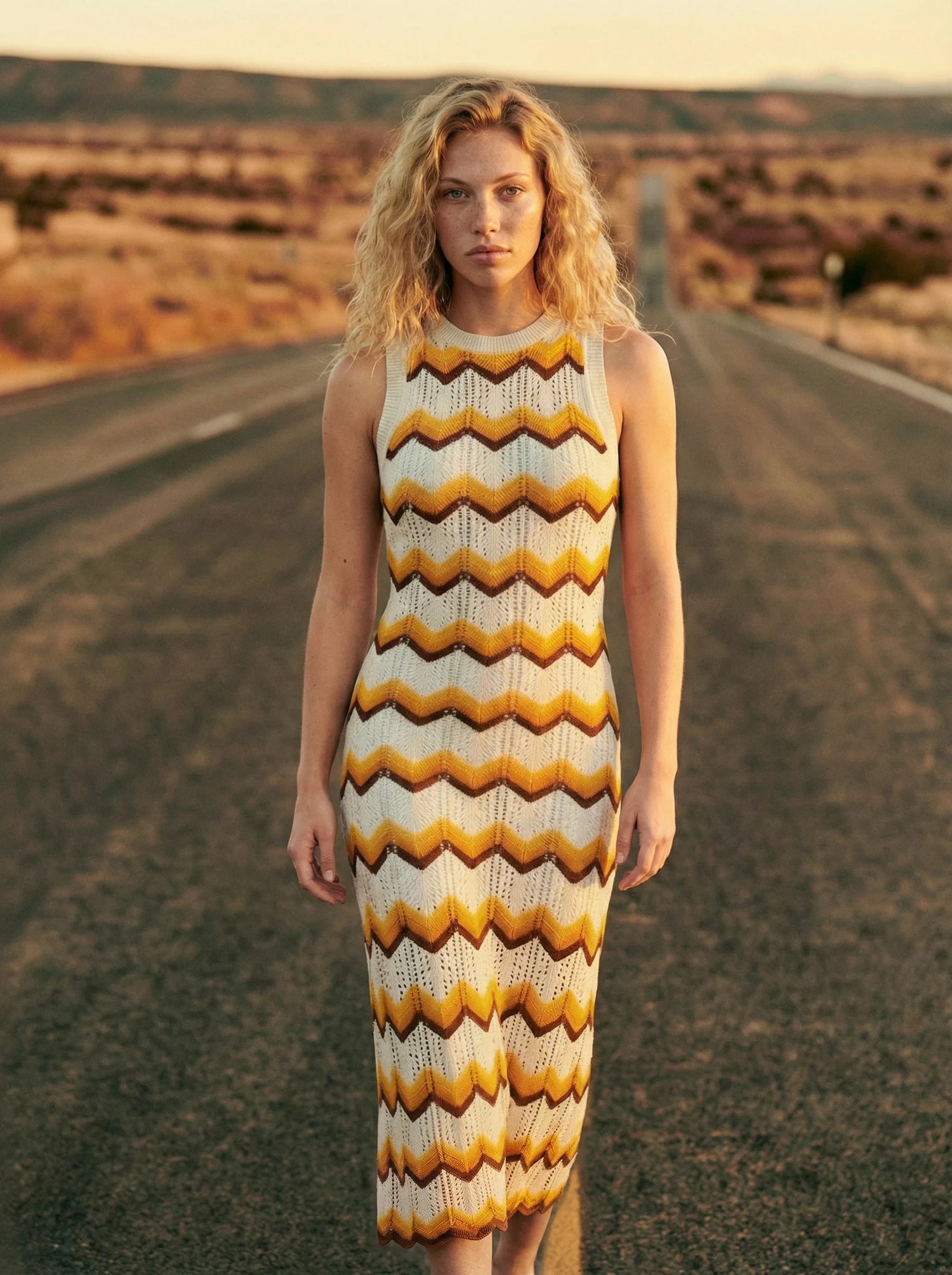 Lover Astrid midi dress size 6 worn on road chevron knit detail neutral tones