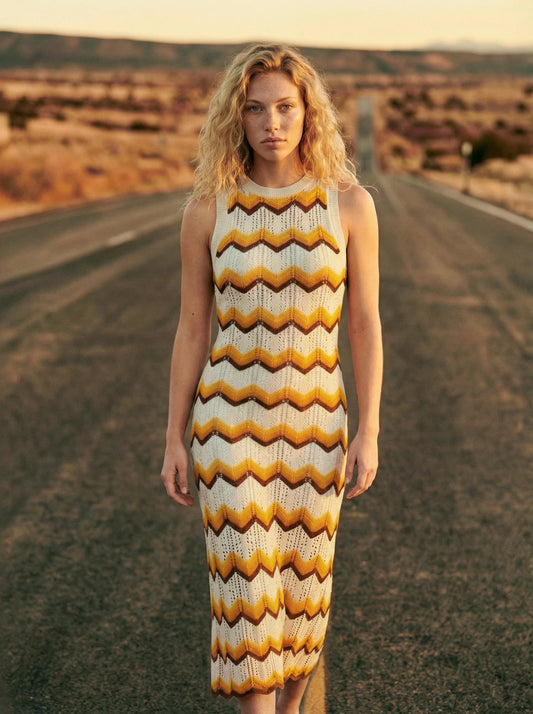 Lover Astrid midi dress size 6 worn on road chevron knit detail neutral tones