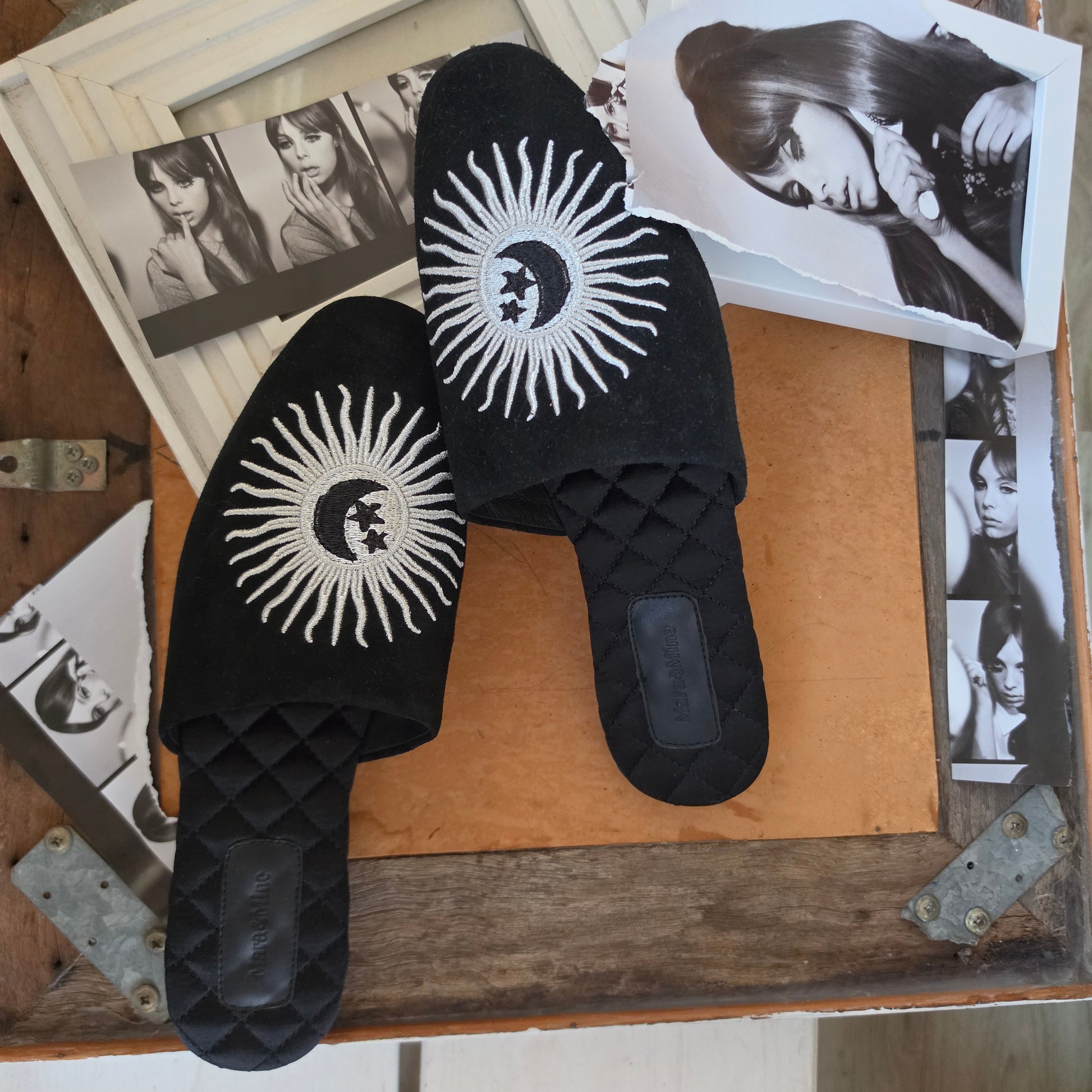 Mara and Mine Estrella slides size 10.5 black with sun and moon embroidery flat lay