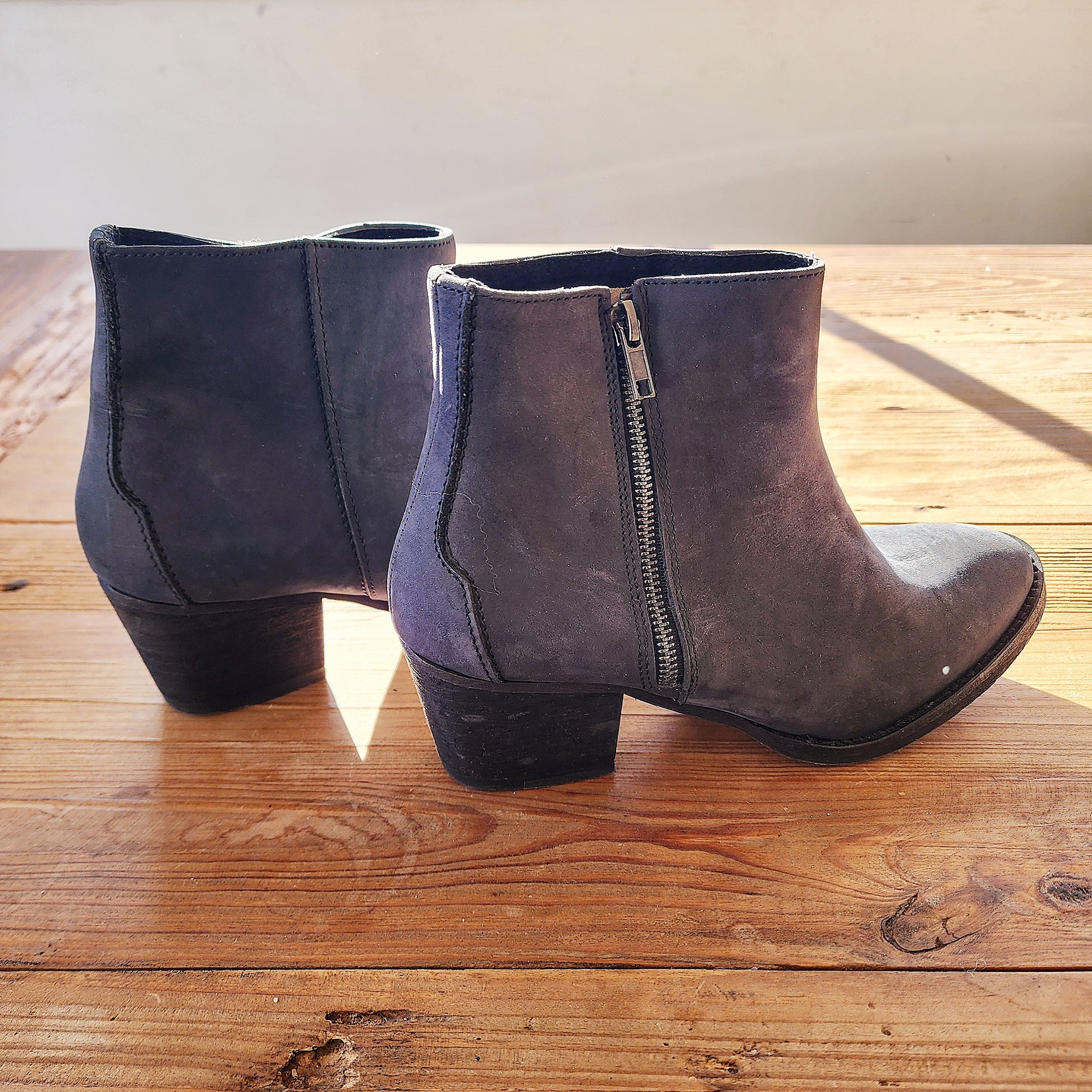 Right-side view of the grey suede ankle boots in size 38, capturing the suede texture and stitching