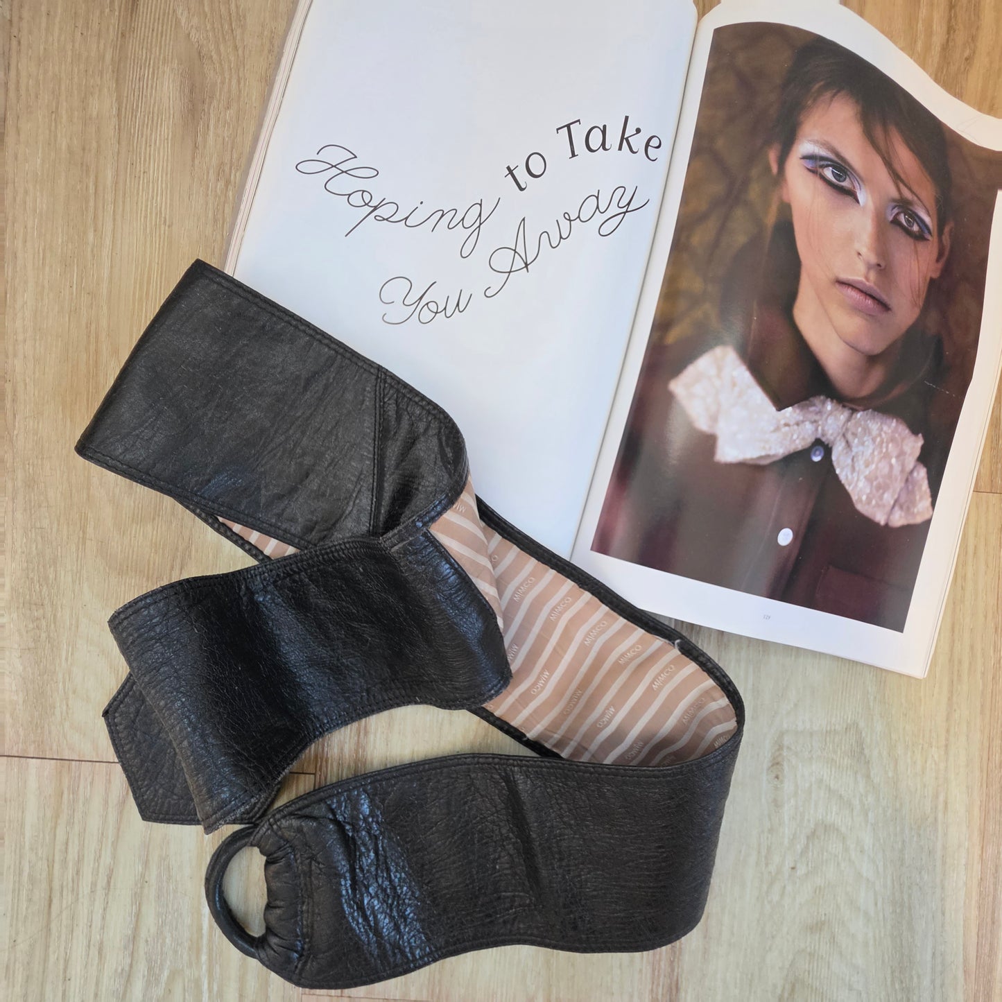 Image showing the Mimco leather wide wrap belt.