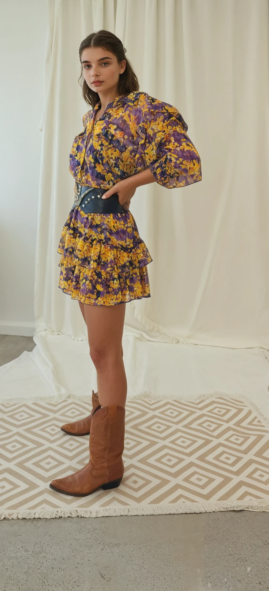 Side profile of the Misa dress highlighting voluminous sleeve, smocked cuff, and tiered skirt.