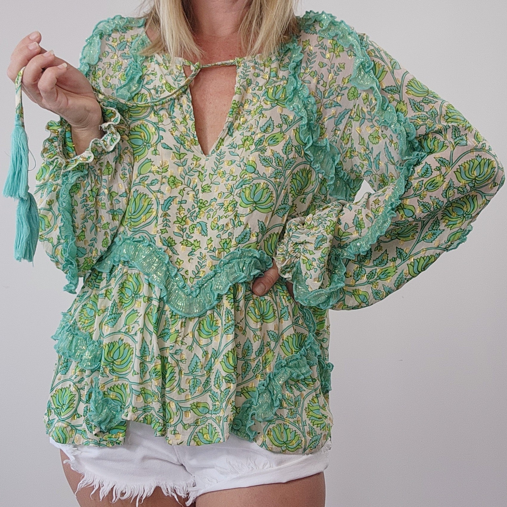 Miss June Paris, Myko green retro bohemian floral frill blouse, with tassel neck tie