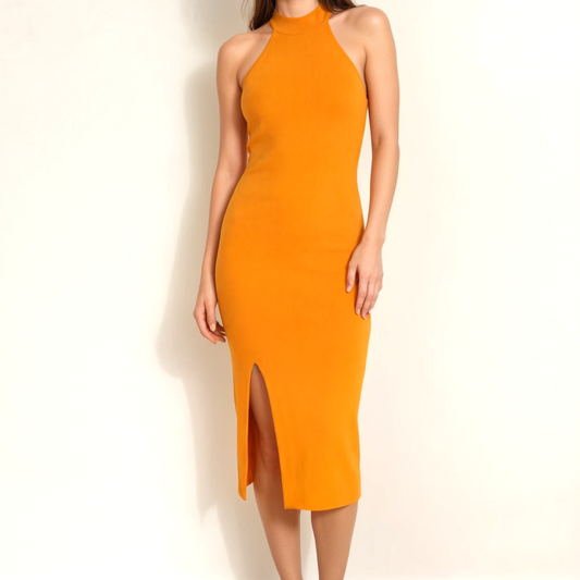 Mossman Meet Me At The Border dress in orange fitted midi with high neckline front view