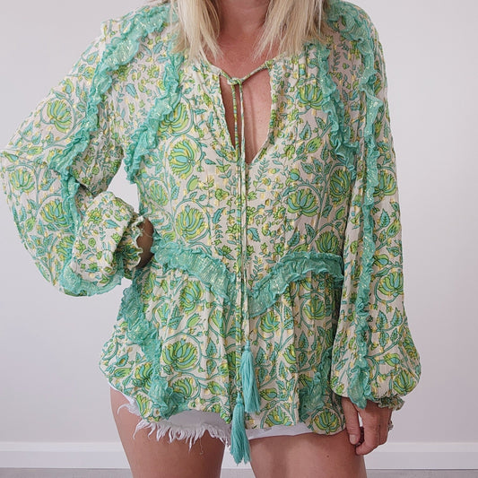 Miss June Paris Myko bohemian green retro blouse online at wilsonavenue.au