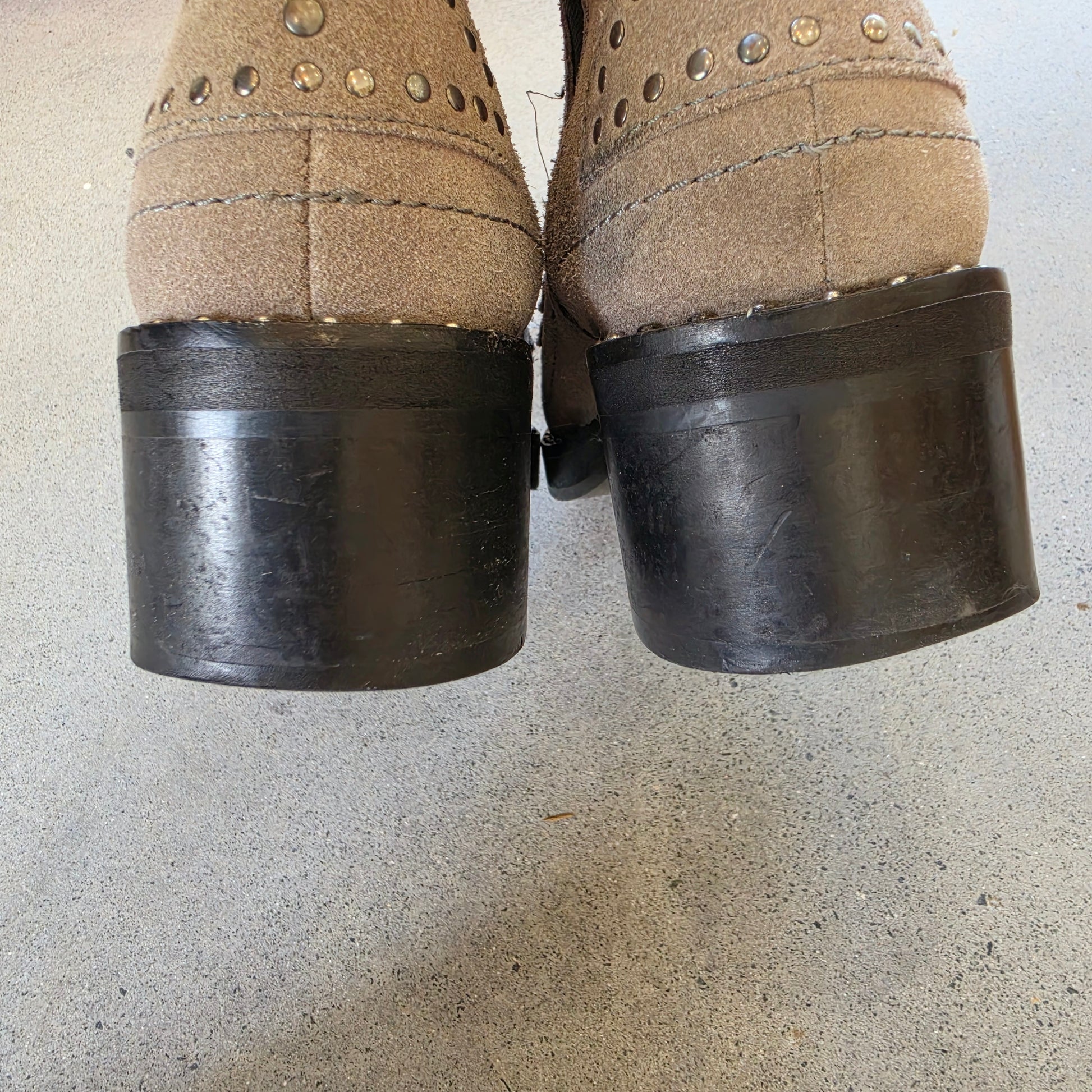 Back view of One Teaspoon suede boots with stacked heels and stud trim