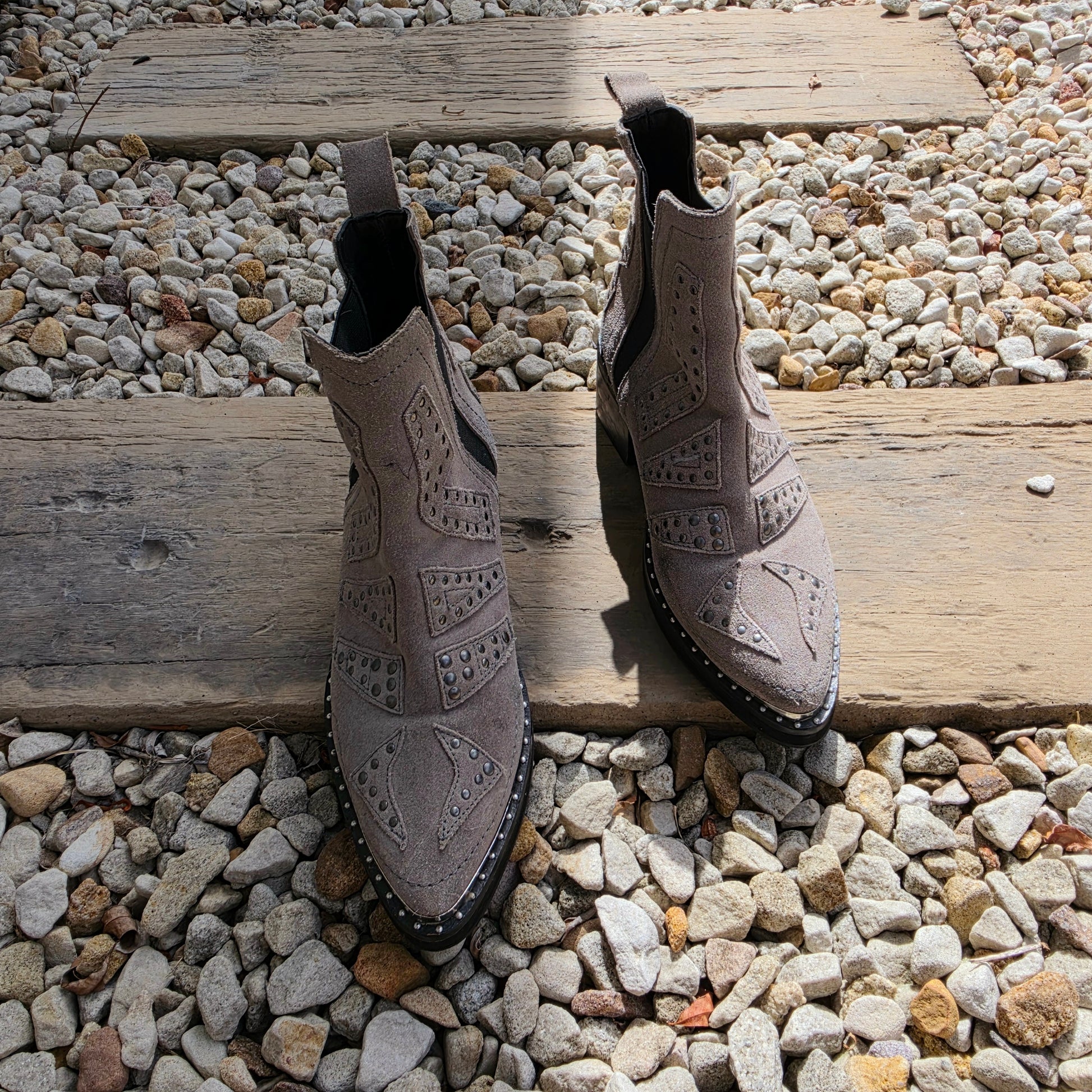 Top view of One Teaspoon suede ankle boots with pointed toe and stud detailing