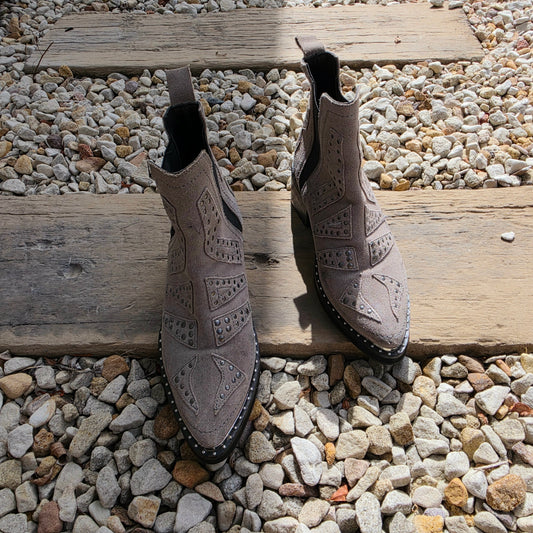Top view of One Teaspoon suede ankle boots with pointed toe and stud detailing