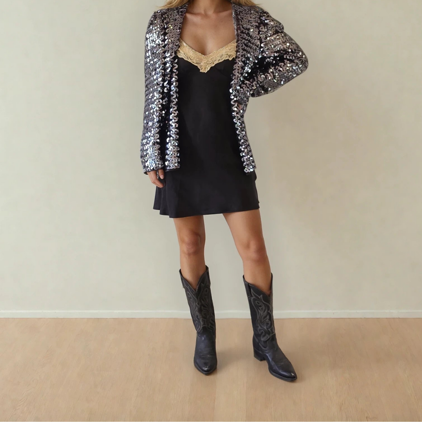 Vintage Peer Gynt sequin jacket, front view with relaxed fit and all-over sparkle.