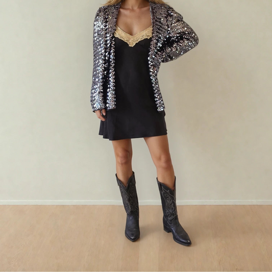Vintage Peer Gynt sequin jacket, front view with relaxed fit and all-over sparkle.