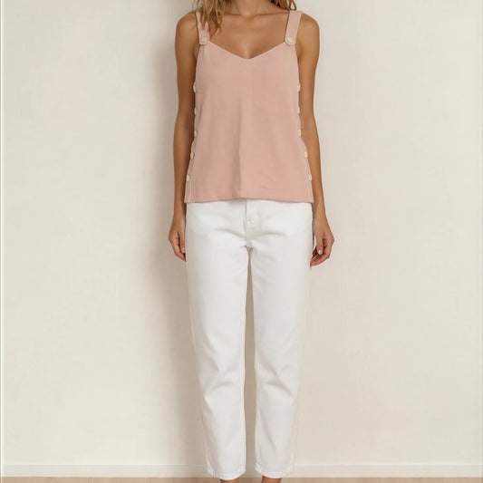 Rag and Bone Tia tank in blush pink with button strap and side detail, front view.
