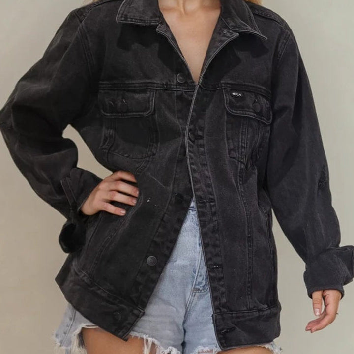 Black RVCA denim jacket styled on model, soft fading and everyday relaxed fit