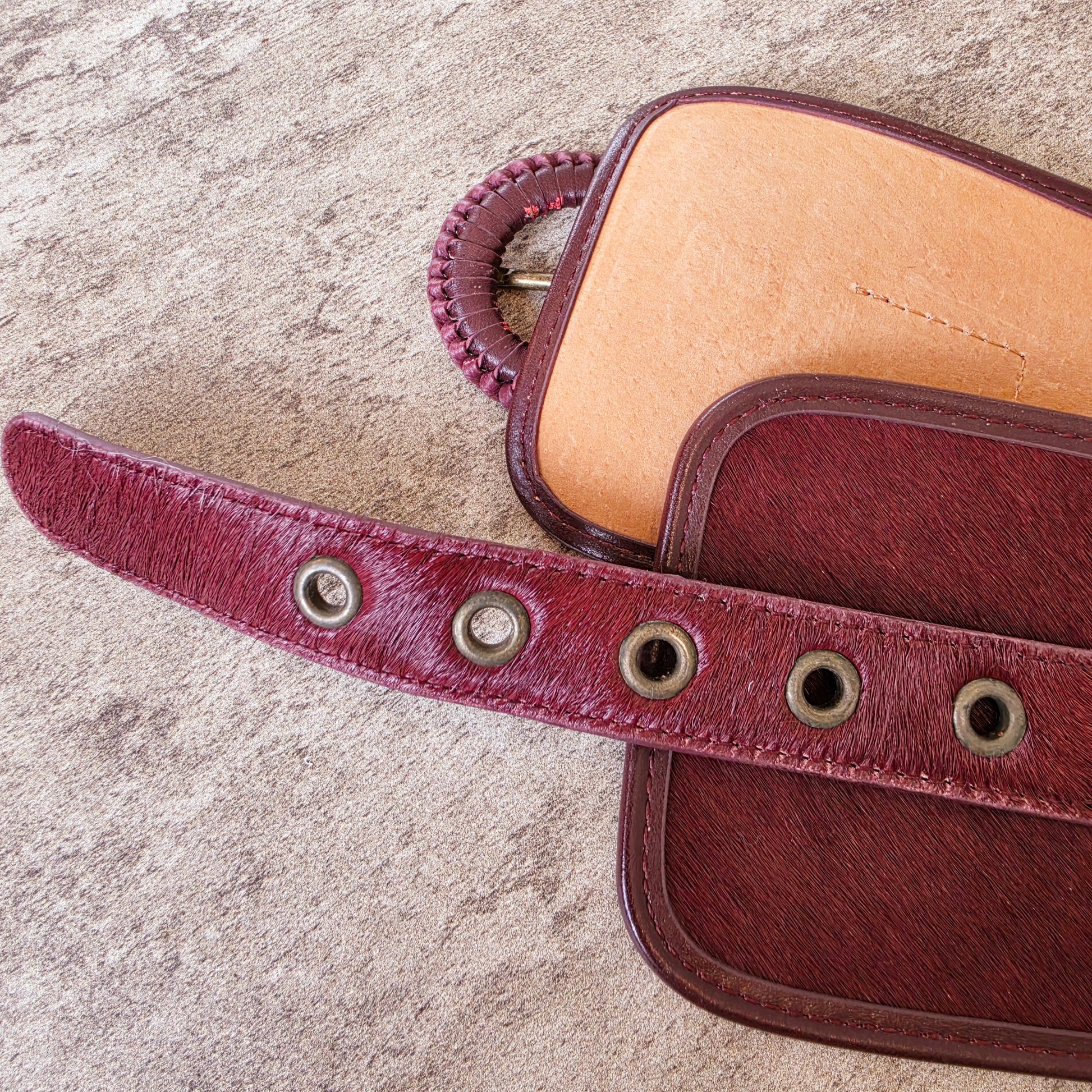 Close up of the western style Sass & Bide horsehair belt, showing the glorious sheen and colour, also shows underside view of the leather braiding imperfection.