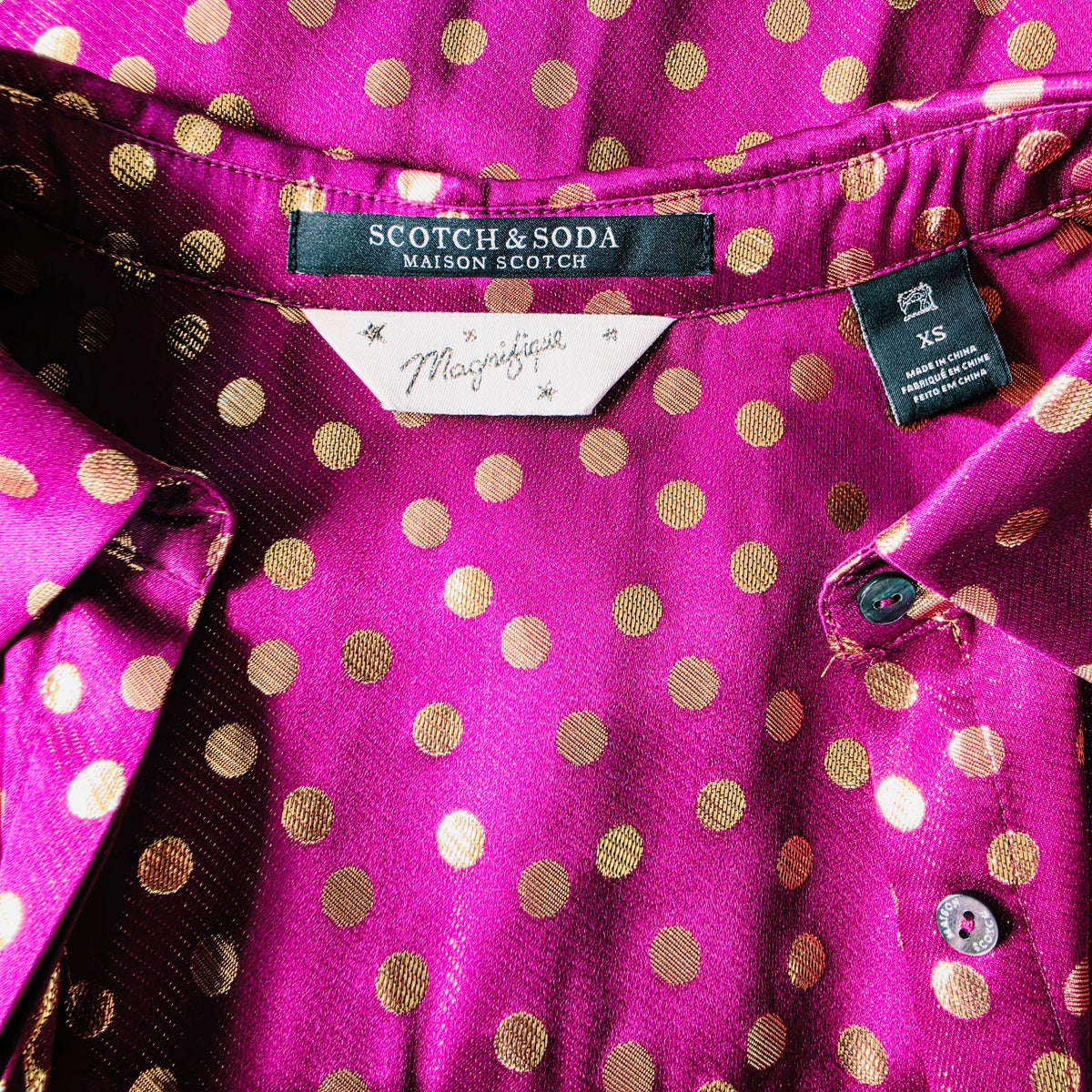 Scotch & Soda Maison Scotch Magnifique collection label on burgundy satin metallic polka dot duster.