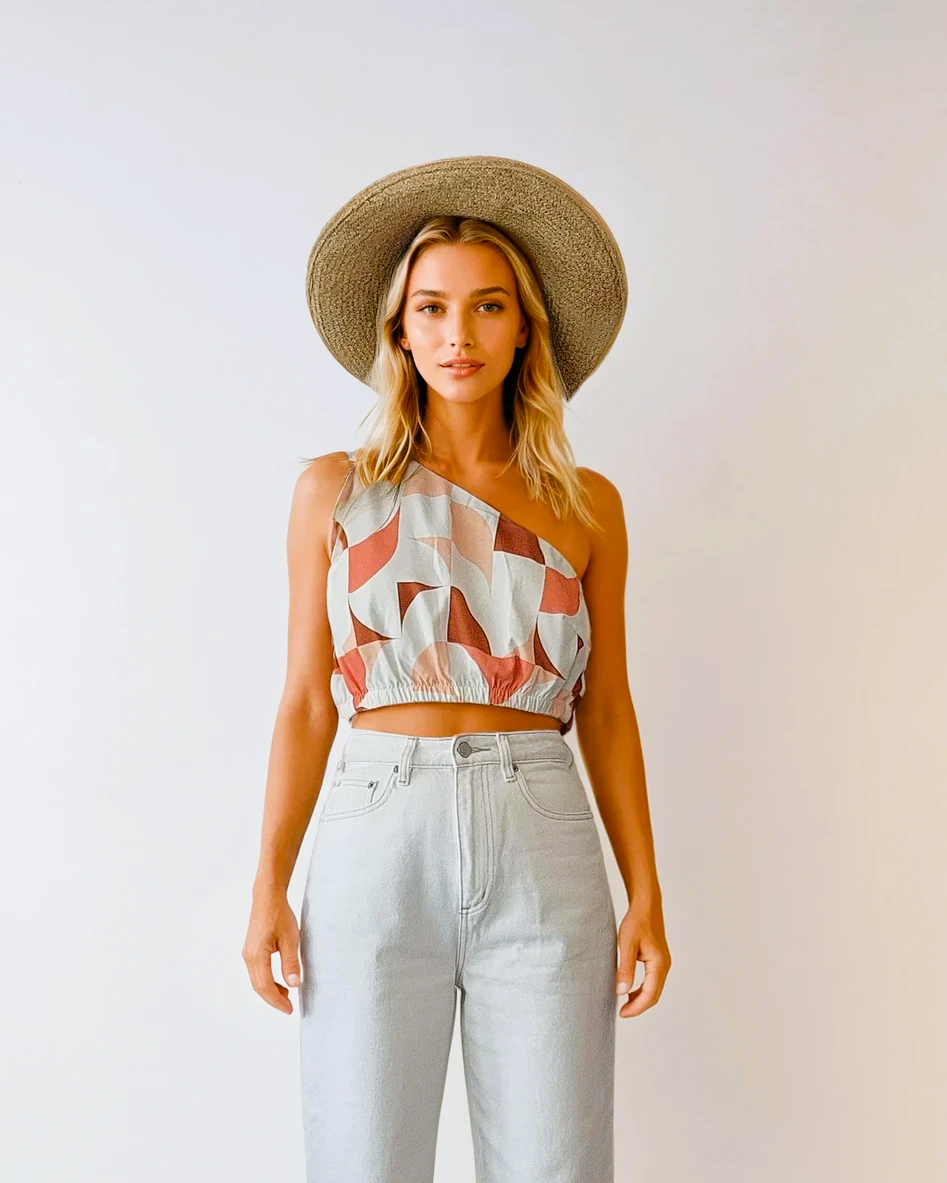 Seven Wonders one shoulder retro print crop top in a size L. This top features elastic under the bust and is in a lightweight fabric, perfect for travel and parties.