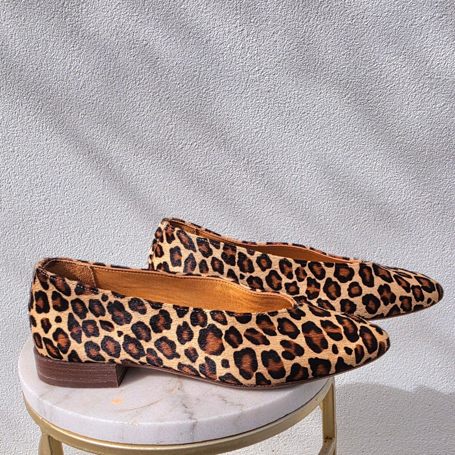 Side profile of Sézane Matilda leopard ballet flats with low heel