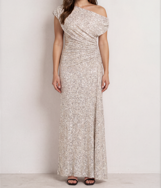 Front view of the Sheike Martina Sequin Maxi dress, showing the off shoulder drape and gathered waist.