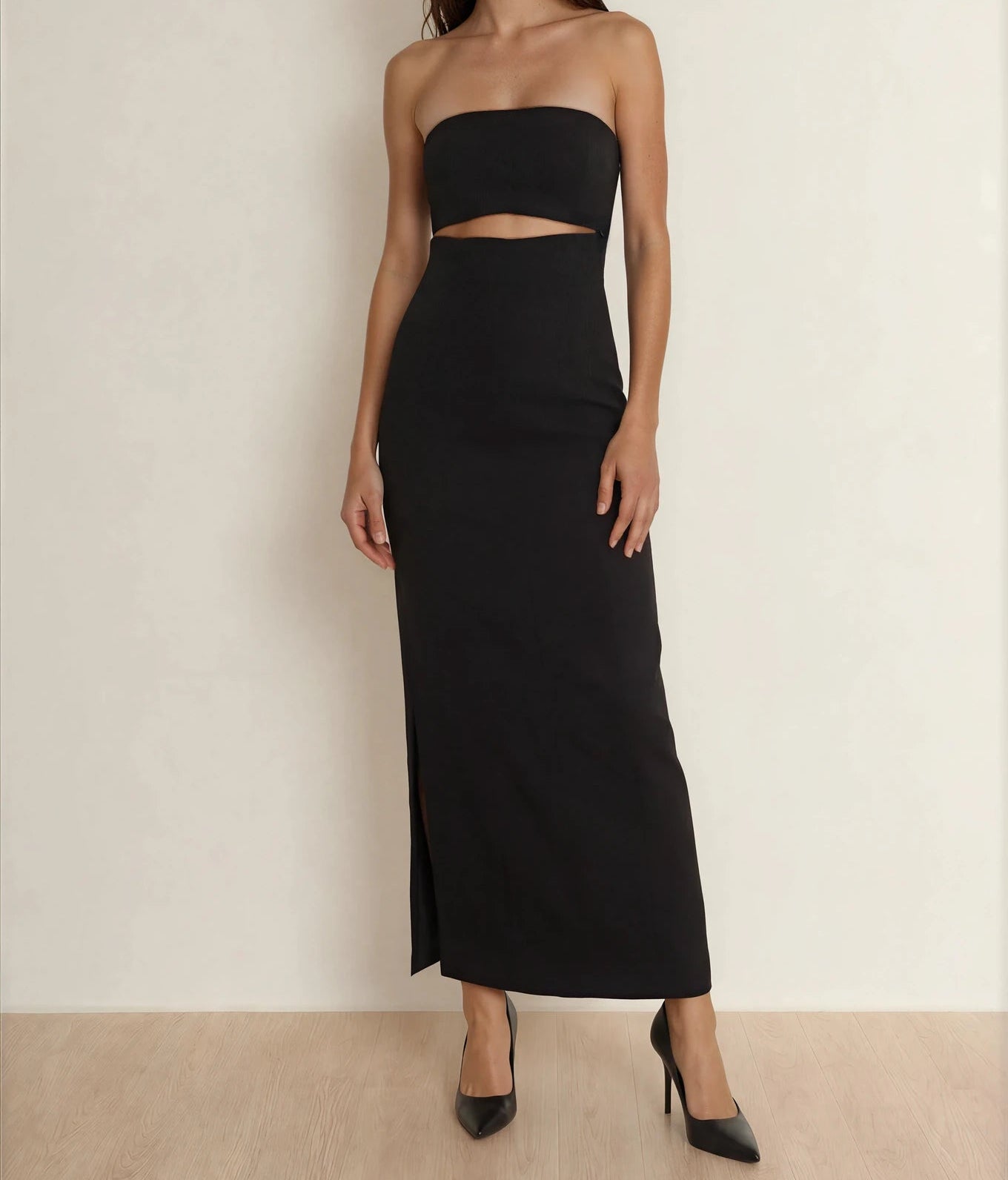 SIR Andre dress black strapless midi with front cutout and fitted silhouette