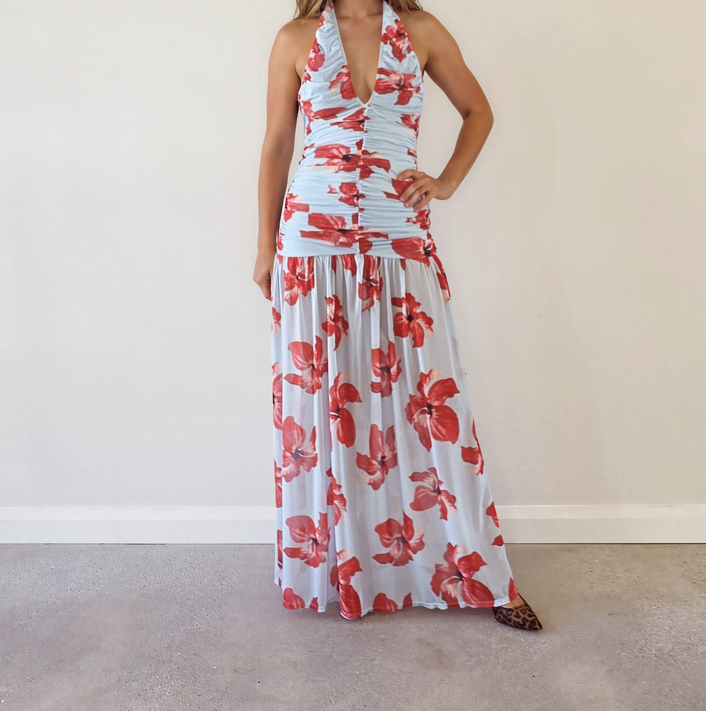 Suboo Chloe floral halter maxi dress with red floral print, ruched bodice and plunging neckline.