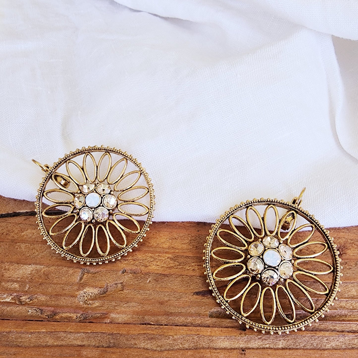 Front view of the Sunflare earrings showing the clasp and gold-tone finish.