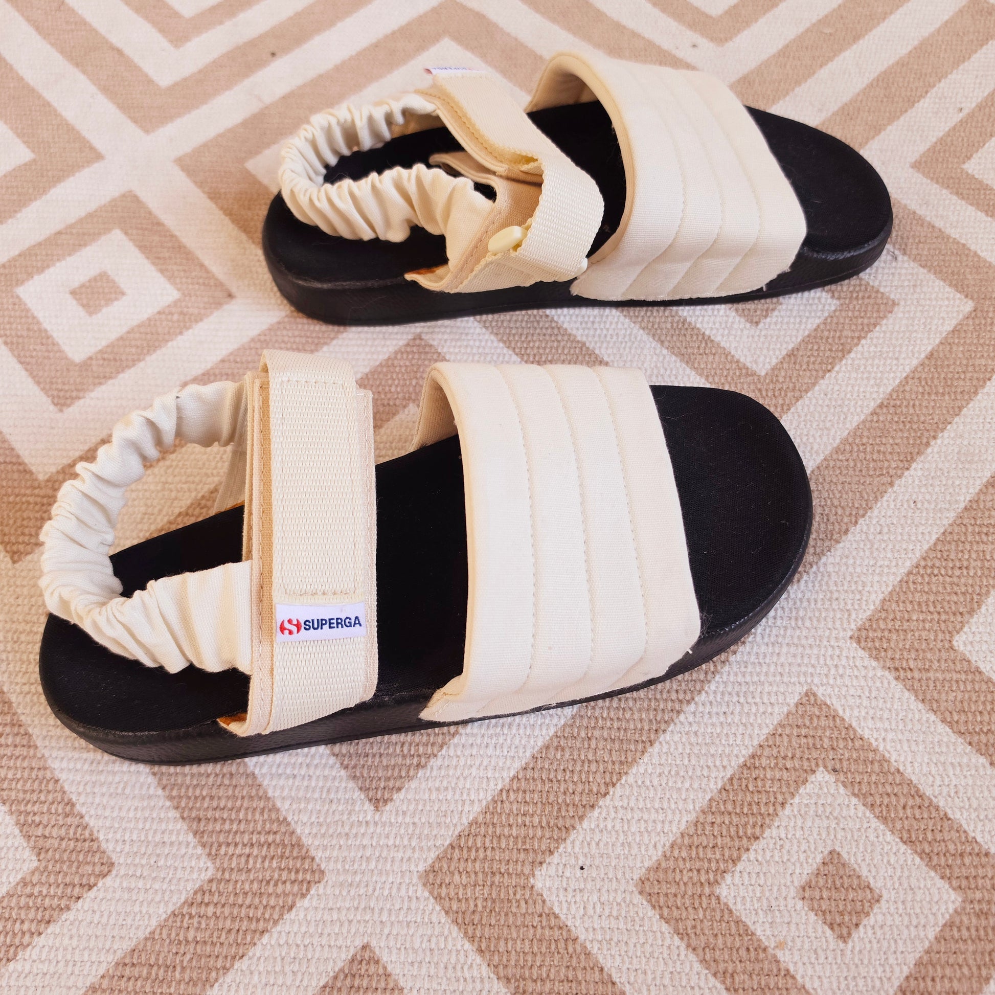 Side view of Superga canvas sandals, showing the brand tag and velcro straps 