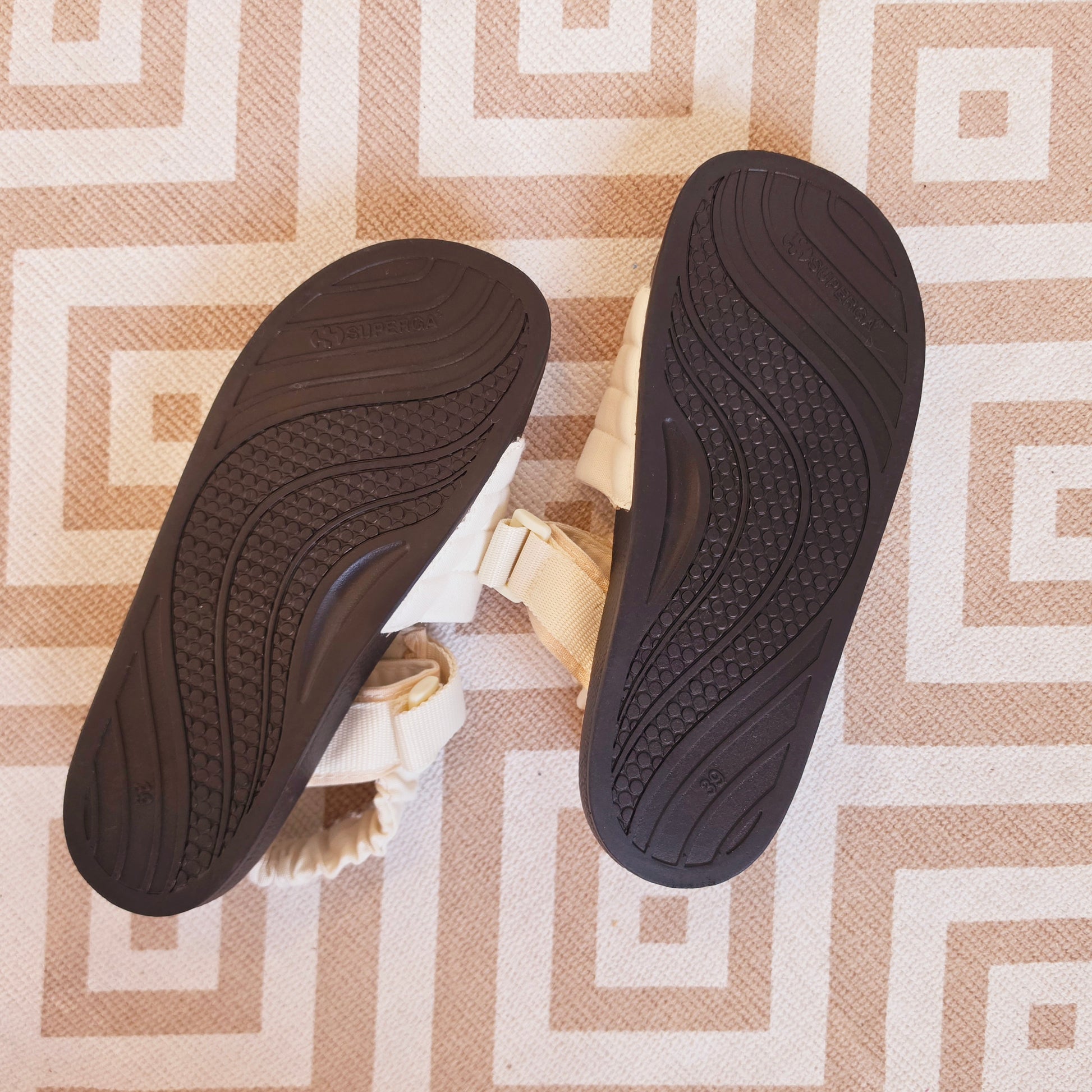 Sole of Superga canvas sandals with very minimal scuffing at heel.