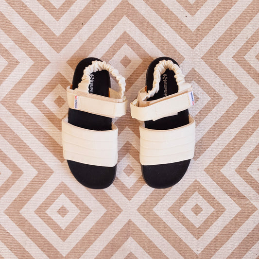 Pair of Superga cream canvas sandals with back strap and velcro closure