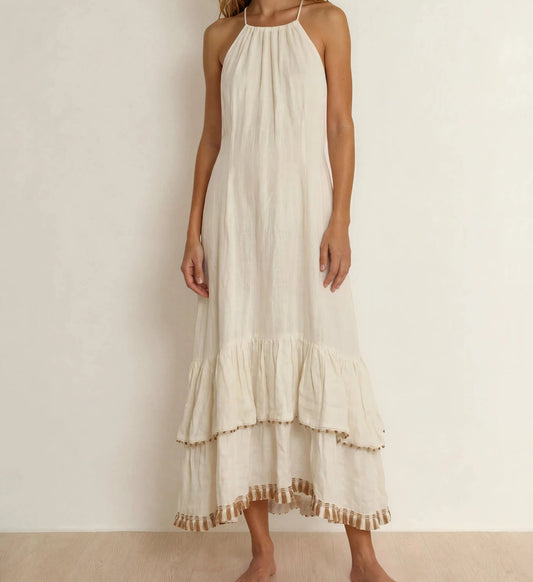 Front view of model wearing the Avari midi dress, showing the tiered skirt with beaded and fringe detail.