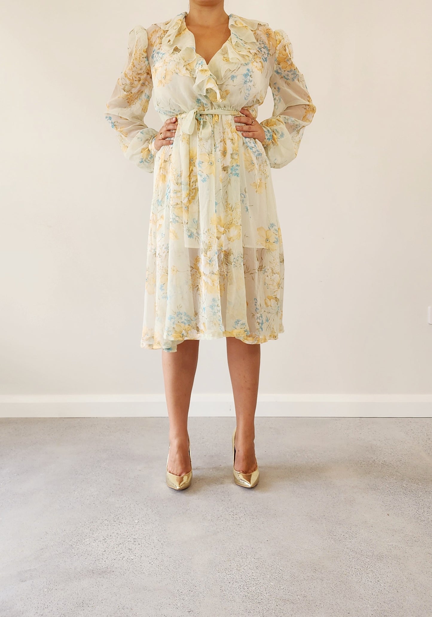 Front view of model wearing the Vintage 1970s Sheer Floral Dress in beige, with blue and peachy coloured flowers in Size medium / 10-12