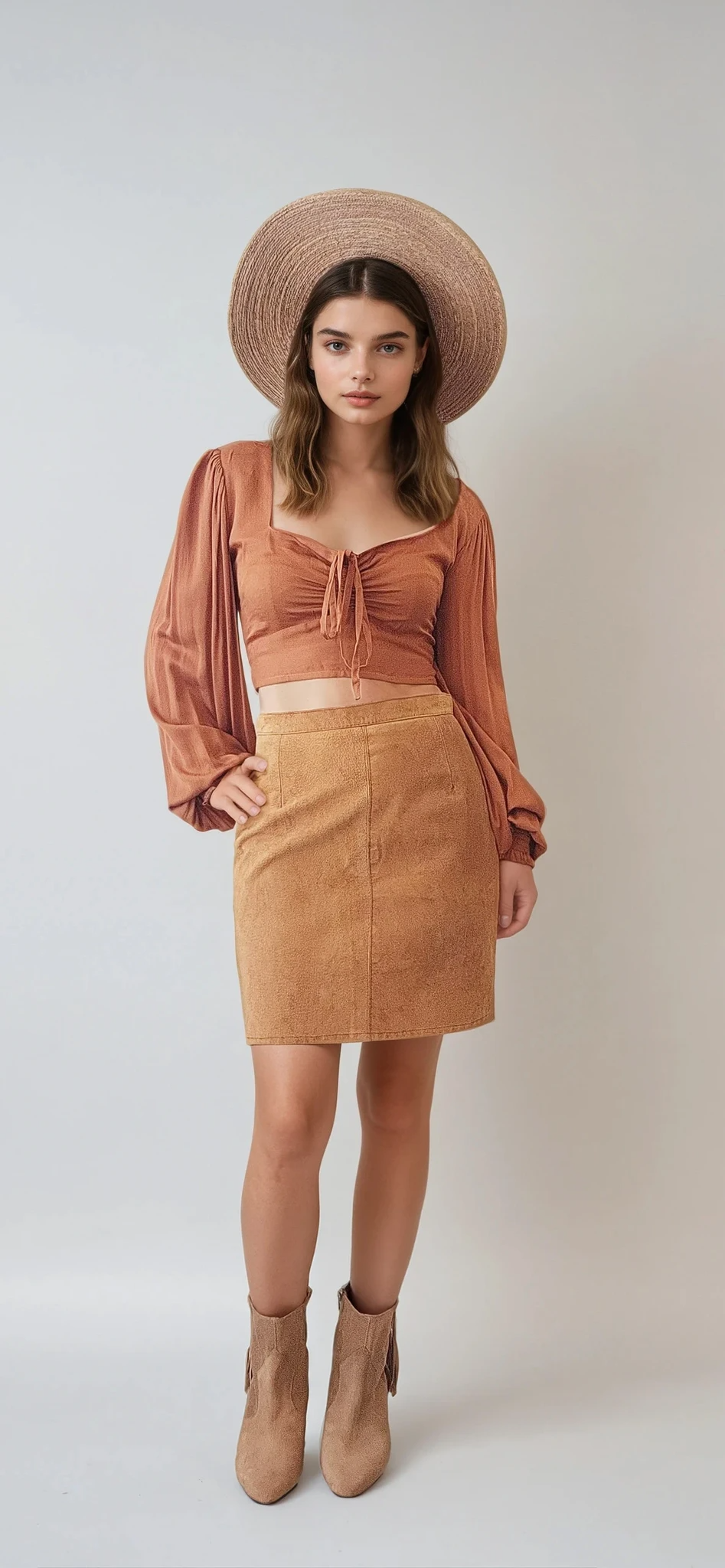Model wearing the vintage Vinetti mustard suede skirt, showing the simple style and classic cut. Worn with a peasant-style Remi Lane top, western hat & boots.
