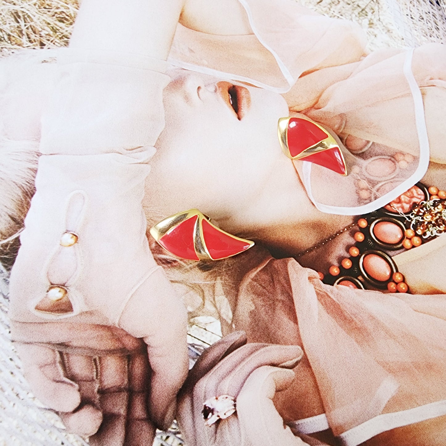 Image showing the vintage Barcs gold and red enamel earrings.