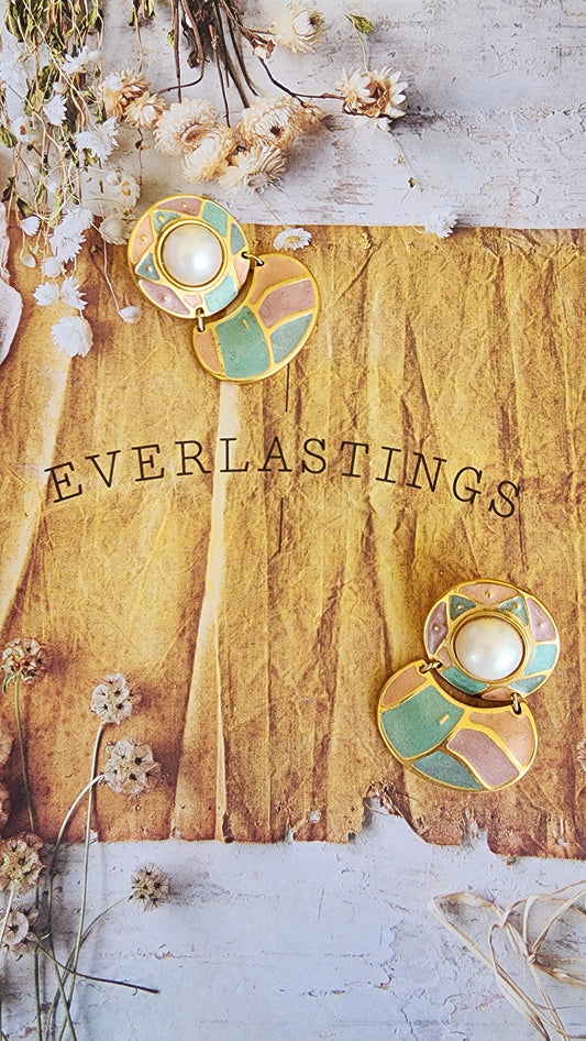 intage Berebi earrings with pearl center and pastel enamel mosaic on gold setting.