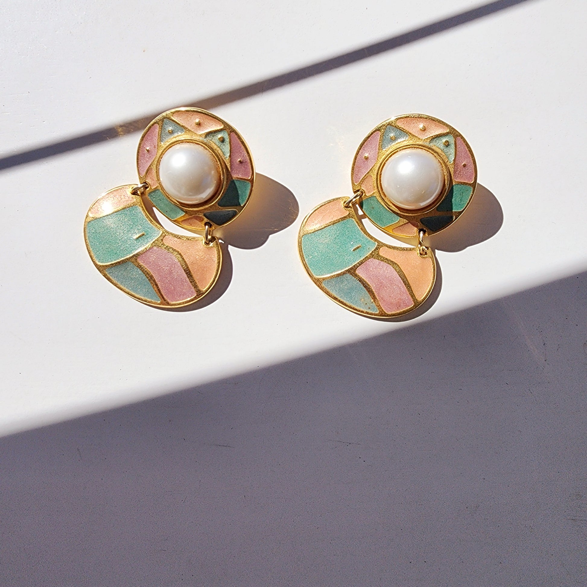 Vintage Berebi earrings with pearl center and pastel enamel mosaic on gold setting.