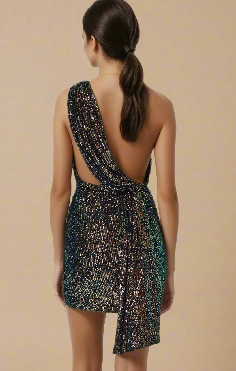 Back view of the Winona Sequin Mini Dress showing dramatic draped sash and full sequin finish.