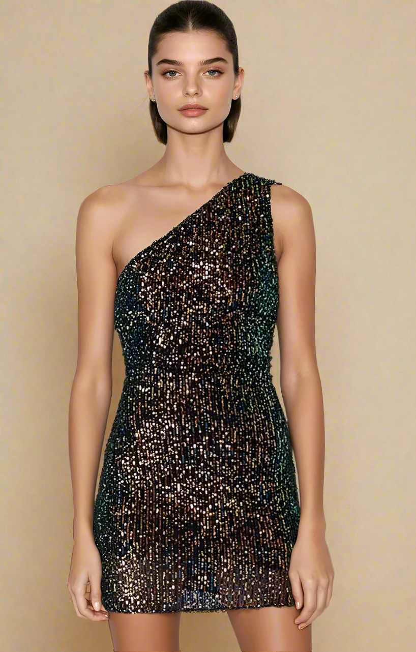Front view of the Winona Sequin Mini Dress featuring prismatic sequins on sheer mesh, slim fit with one shoulder.